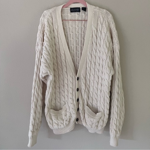 Sweater Graphix Cable Knit Cardigan Size XXL Vintage Grandpa Preppy Varsity - Picture 1 of 9